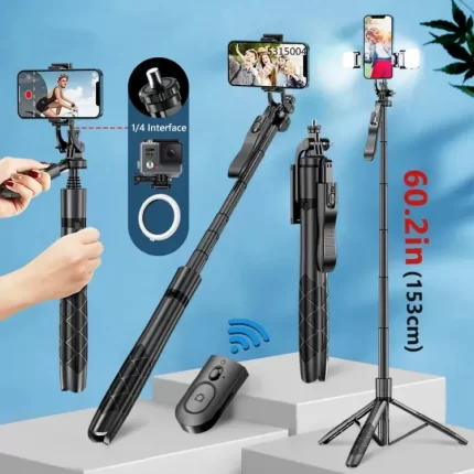 K28 Long Selfie Stick Tripod Stand With LED Light & Remote Shutter For Smartphones