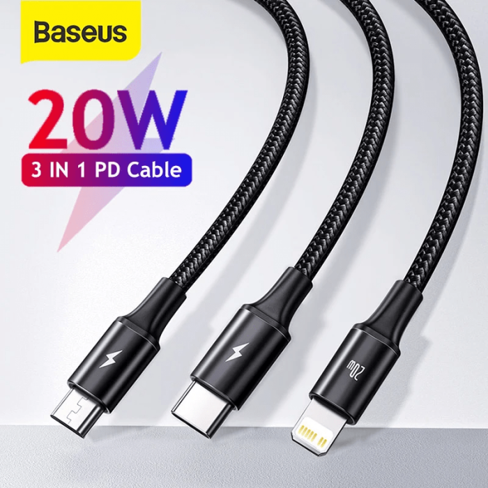 Baseus PD 20W Rapid Series 3-In-1 Fast Charging Data Cable Type-C To M+L+C